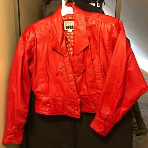 Red genuine leather cropped vintage jacket XS